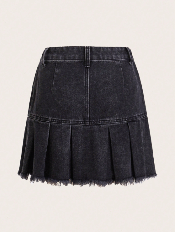 ROMWE Women’s Black Pleated Denim Mini Skirt with Raw Hem – Size M