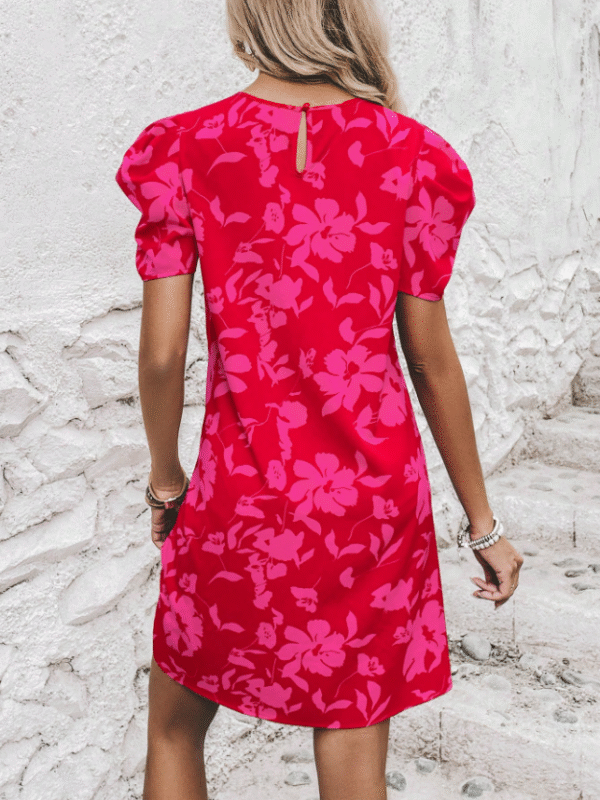EMERY ROSE S Red & Pink Floral Puff‑Sleeve A‑Line Mini Dress – Chic Summer Staple