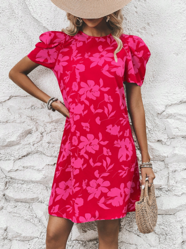 EMERY ROSE S Red & Pink Floral Puff‑Sleeve A‑Line Mini Dress – Chic Summer Staple