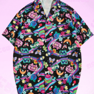 ROMWE S Black Galactic Graphic Button-Up Shirt – Bold Space & Retro Gaming Print