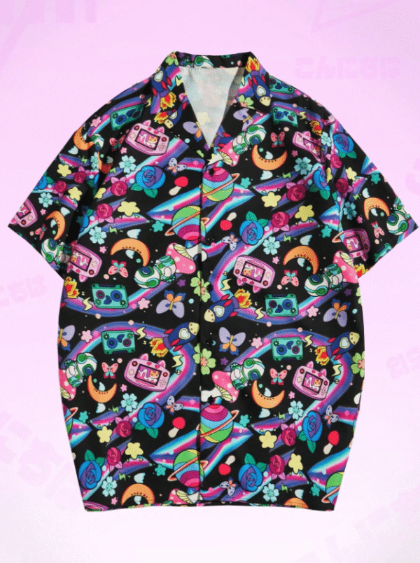 ROMWE S Black Galactic Graphic Button-Up Shirt – Bold Space & Retro Gaming Print