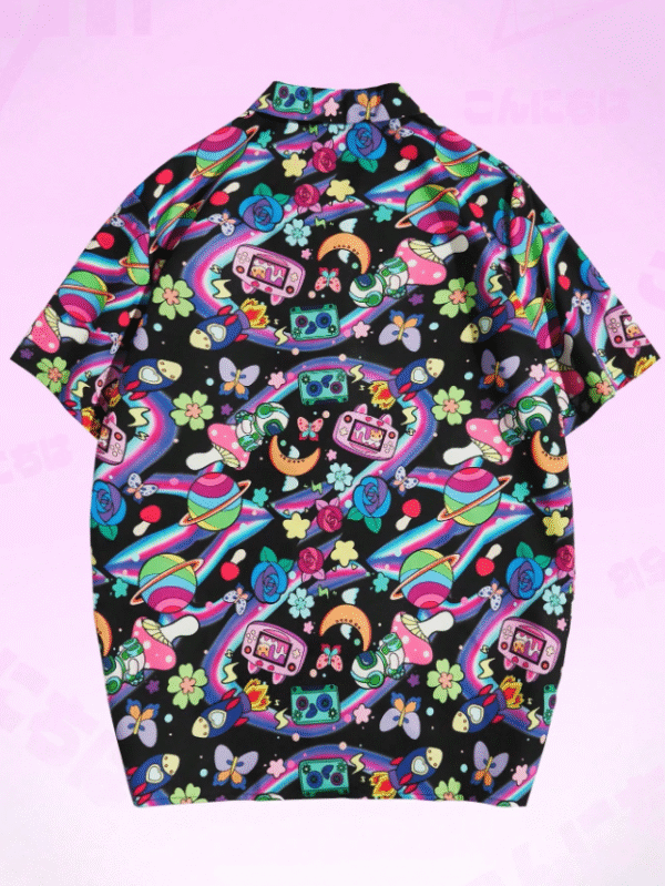 ROMWE S Black Galactic Graphic Button-Up Shirt – Bold Space & Retro Gaming Print