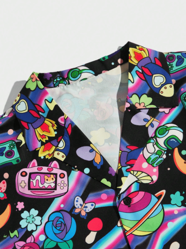 ROMWE S Black Galactic Graphic Button-Up Shirt – Bold Space & Retro Gaming Print
