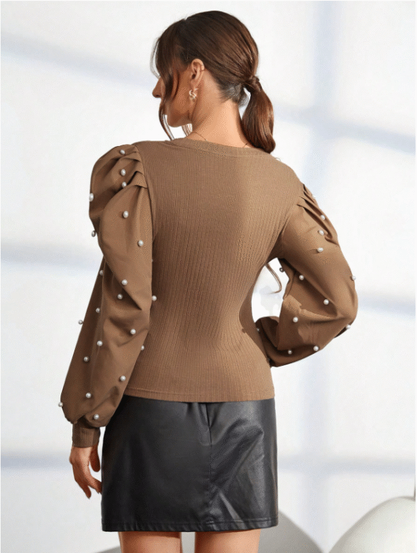 SHEIN XL Beige Puff Sleeve Top with Pearl Embellishments