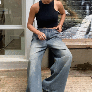 DAZY Women's Distressed Washed Loose Wide-Leg Jeans with Elastic Waist Size S