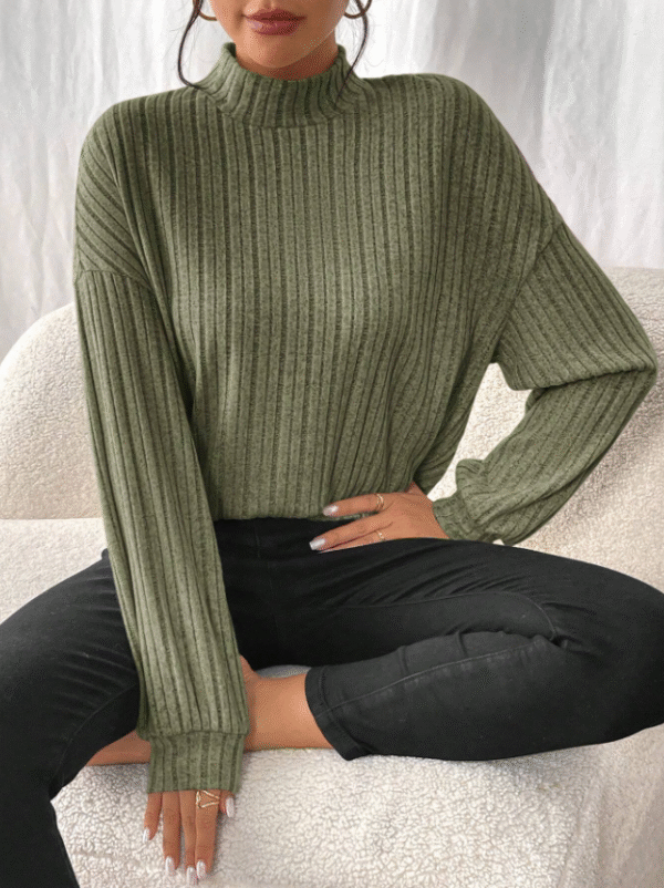 Shein Olive Ribbed Mock-Turtleneck Sweater – Size L, Cozy Casual Knit Top