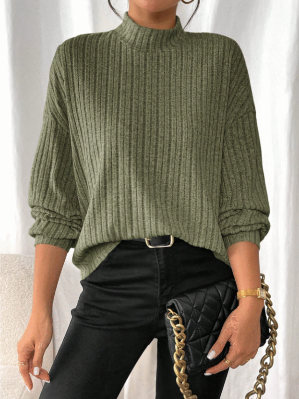 Shein Olive Ribbed Mock-Turtleneck Sweater – Size L, Cozy Casual Knit Top