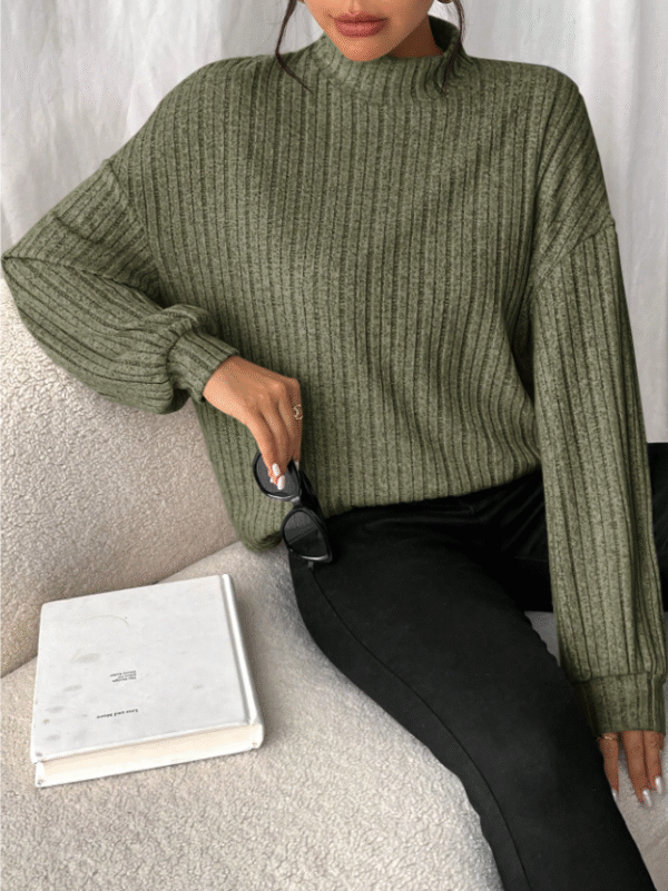 Shein Olive Ribbed Mock-Turtleneck Sweater – Size L, Cozy Casual Knit Top