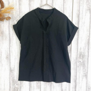 SHEIN Black Stand Collar V-Neck Blouse with Rolled Sleeves Size M