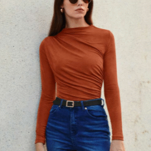 SHEIN Rust Ruched Draped Long Sleeve Top Size S
