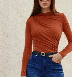 SHEIN Rust Ruched Draped Long Sleeve Top Size S