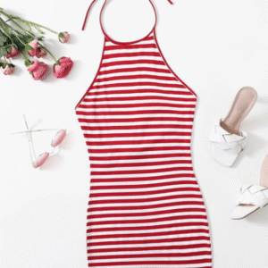 Red and White Striped Halter Neck Mini Dress Size S