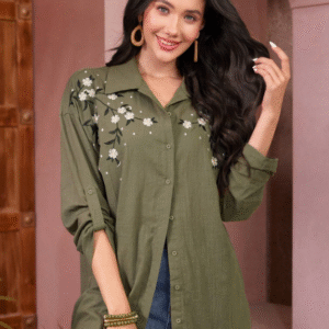 SHEIN Olive Green Floral Embroidered Button-Up Shirt Size M