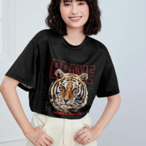 SHEIN Black "BRAVE" Tiger Graphic Print T-Shirt Size M