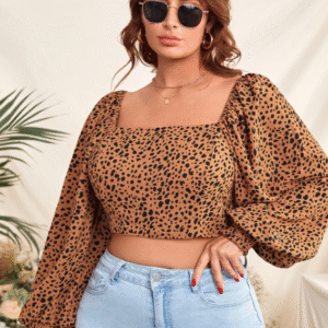 SHEIN Plus Size Brown Leopard Print Square Neck Crop Top Size XS