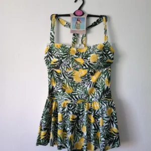 LA Tropical Lemon Print Swimsuit Dress with Skirt Overlay