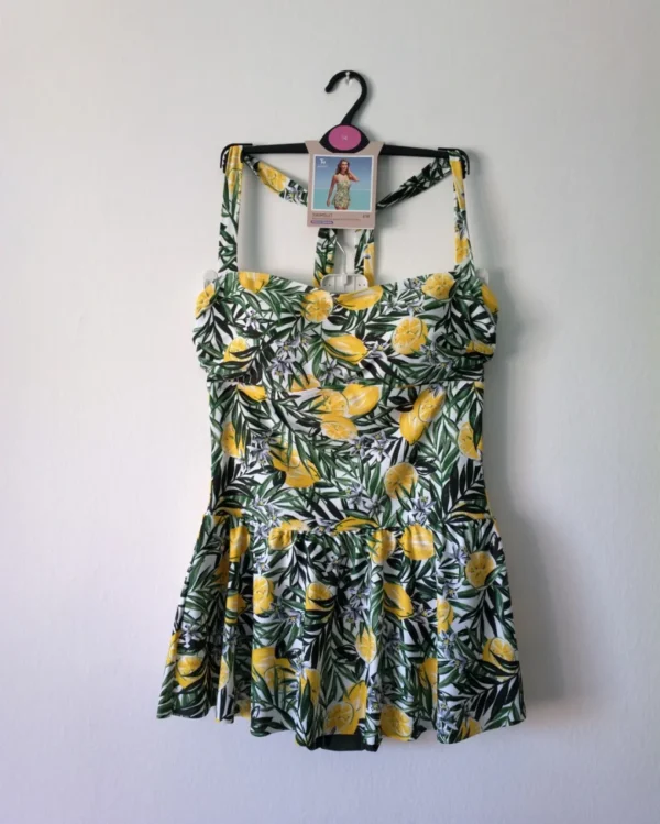 LA Tropical Lemon Print Swimsuit Dress with Skirt Overlay