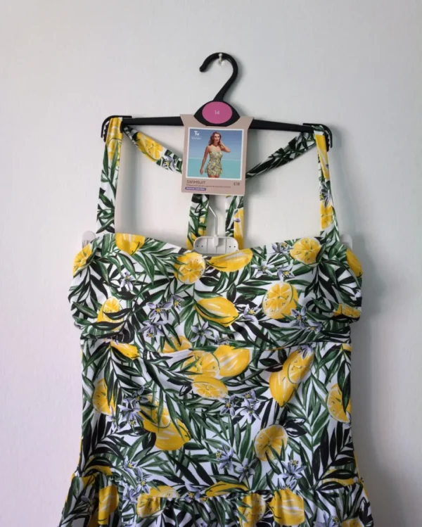 LA Tropical Lemon Print Swimsuit Dress with Skirt Overlay
