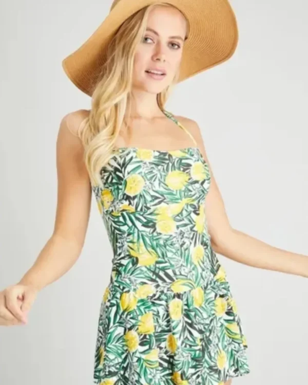 LA Tropical Lemon Print Swimsuit Dress with Skirt Overlay