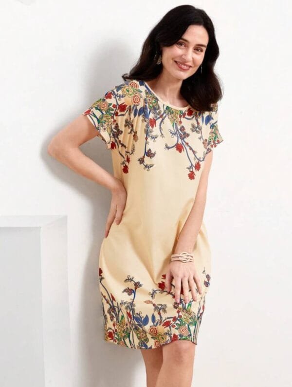 Shein Beige Floral Print A-Line Dress – 3XL, Short Sleeve, Lightweight Casual Fit
