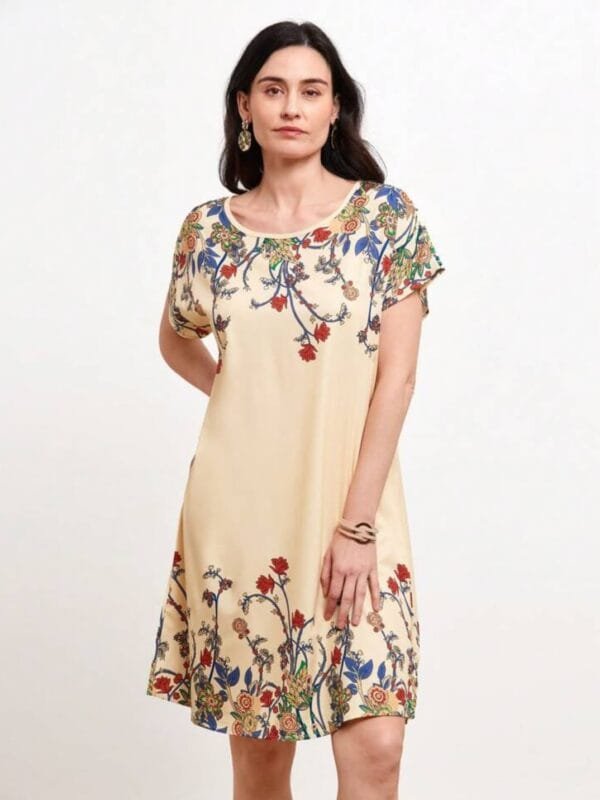 Shein Beige Floral Print A-Line Dress – 3XL, Short Sleeve, Lightweight Casual Fit
