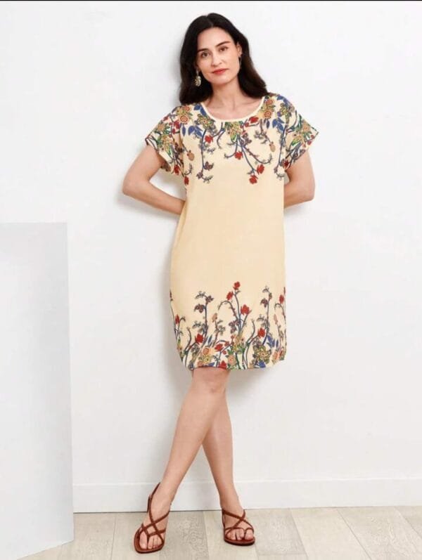 Shein Beige Floral Print A-Line Dress – 3XL, Short Sleeve, Lightweight Casual Fit