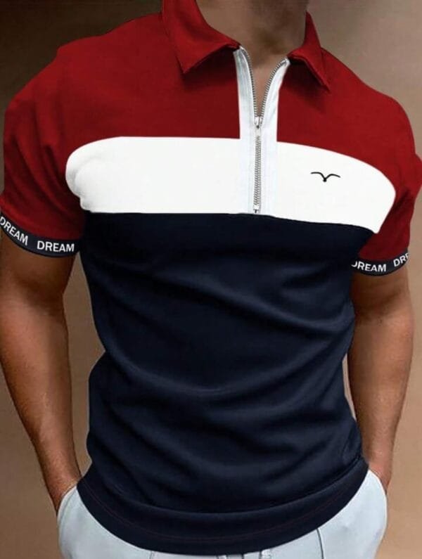 Shein Men’s Colorblock Zip Collar Polo – Red, White & Navy, Size S, Short Sleeve