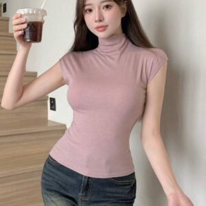 DAZY Pink Mock Neck Cap Sleeve Fitted Top Size M