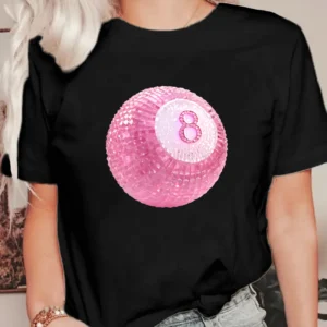 SHEIN Black Crop T-Shirt with Pink 8 Ball Sequin Graphic – Size S