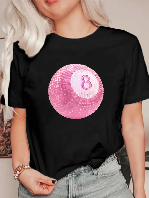 SHEIN Black Crop T-Shirt with Pink 8 Ball Sequin Graphic – Size S