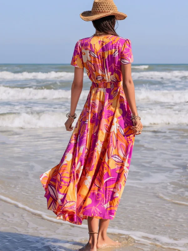 Shein Tropical Button-Front Maxi Dress – Orange & Purple Beach Vacation Dress, Size M