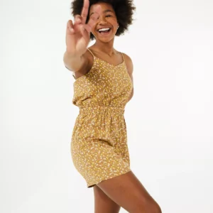 GRO GGY M Mustard Floral Spaghetti-Strap Romper – Lightweight & Relaxed Fit