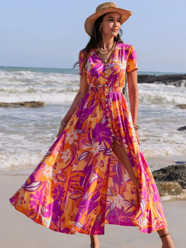 Shein Tropical Button-Front Maxi Dress – Orange & Purple Beach Vacation Dress, Size M