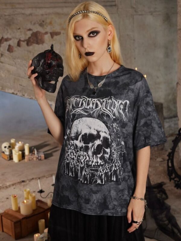 ROMWE Gothic Oversized Skull Graphic T-Shirt – Unisex Punk Rock Tee | Size XXL