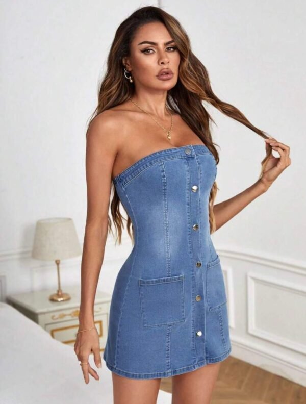 Shein Women's Strapless Button-Front Denim Mini Dress with Pockets Size M