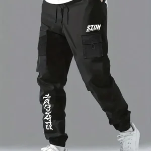 Shein Men's Black Graphic Print Drawstring Cargo Joggers Size L