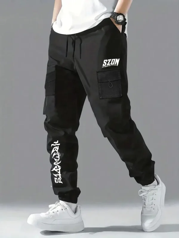 Shein Men's Black Graphic Print Drawstring Cargo Joggers Size L