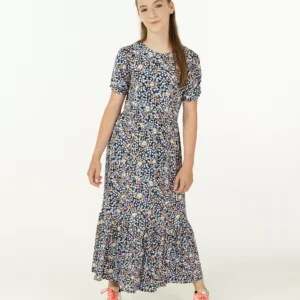 FISH & CHIP Girls’ Size 134 Navy Tiny-Florals Maxi Dress – Short Sleeve & Tiered Hem