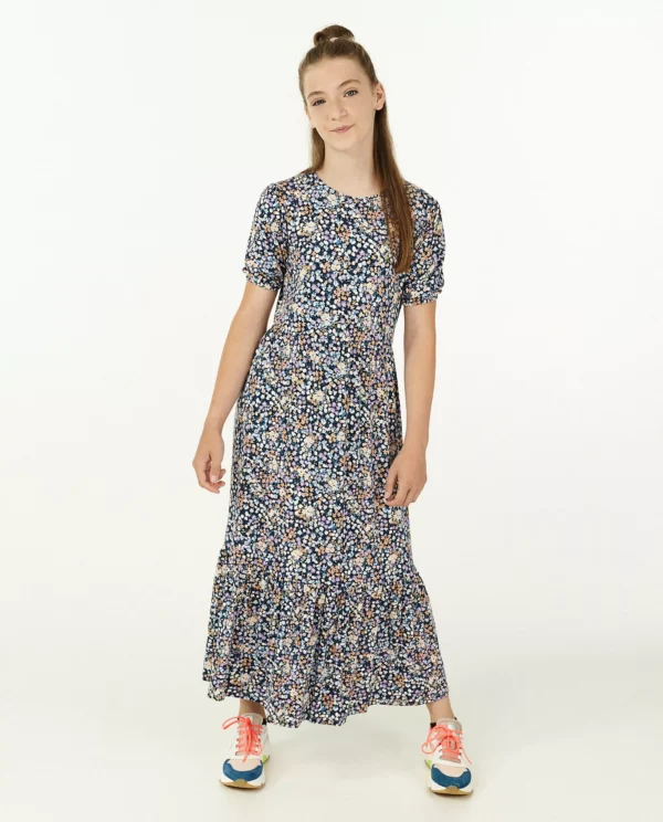 FISH & CHIP Girls’ Size 134 Navy Tiny-Florals Maxi Dress – Short Sleeve & Tiered Hem