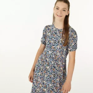 FISH & CHIP Girls’ Size 134 Navy Tiny-Florals Maxi Dress – Short Sleeve & Tiered Hem
