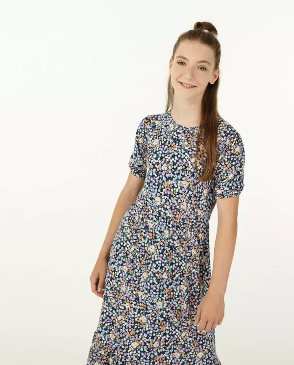 FISH & CHIP Girls’ Size 134 Navy Tiny-Florals Maxi Dress – Short Sleeve & Tiered Hem