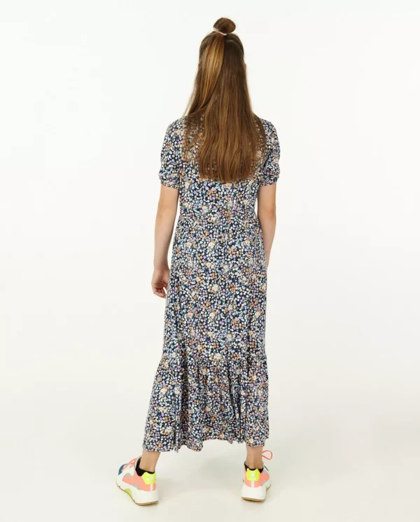 FISH & CHIP Girls’ Size 134 Navy Tiny-Florals Maxi Dress – Short Sleeve & Tiered Hem