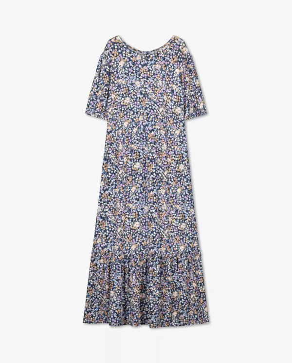 FISH & CHIP Girls’ Size 134 Navy Tiny-Florals Maxi Dress – Short Sleeve & Tiered Hem