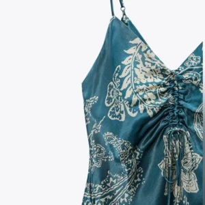 LOGIFIRST Blue Paisley Print Ruched Mini Slip Dress Size S