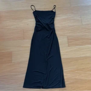 LOGIFIRST Black Satin Slip Maxi Dress – Spaghetti Strap Body-Skimming Evening Dress, Size S