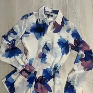 Shein XL Floral Watercolor Button‑Down Blouse – Elegant Blue & Purple Long‑Sleeve Shirt