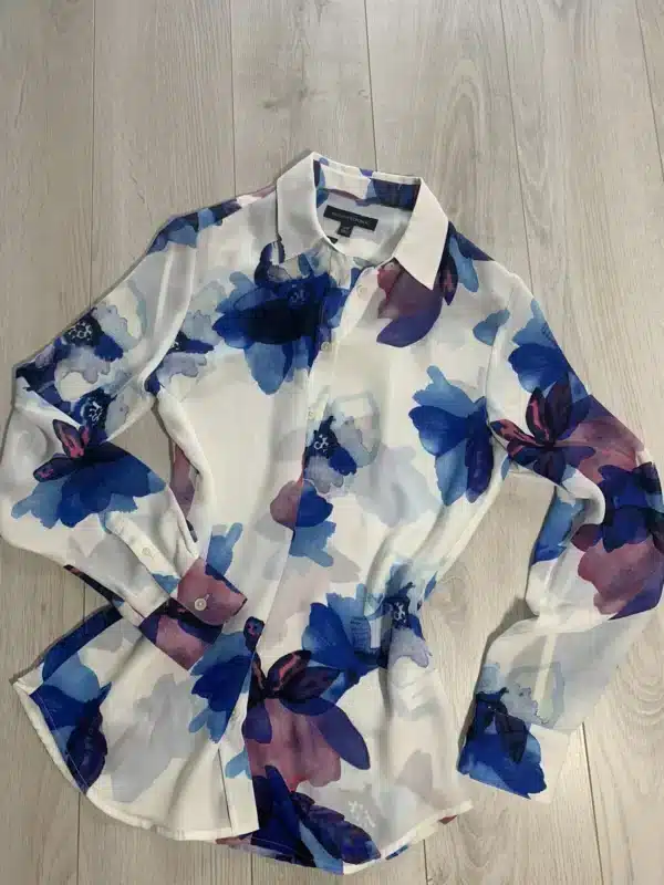 Shein XL Floral Watercolor Button‑Down Blouse – Elegant Blue & Purple Long‑Sleeve Shirt
