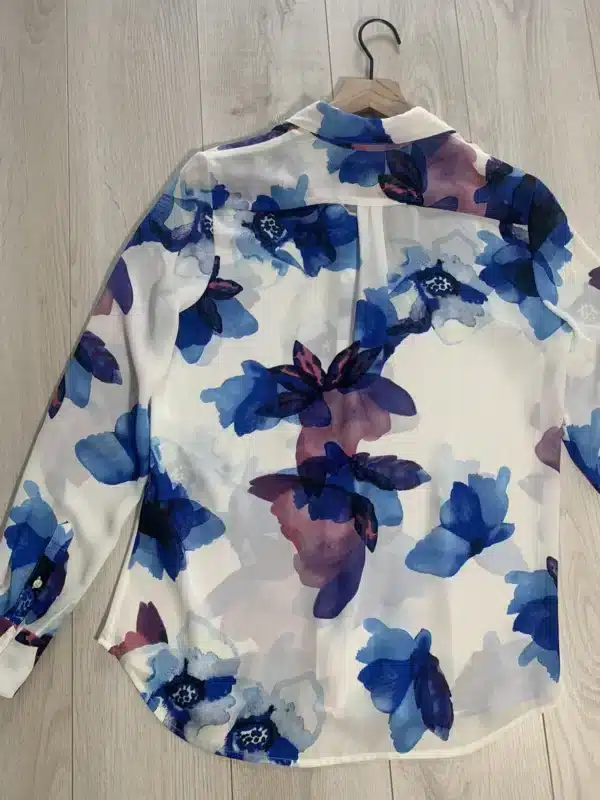 Shein XL Floral Watercolor Button‑Down Blouse – Elegant Blue & Purple Long‑Sleeve Shirt