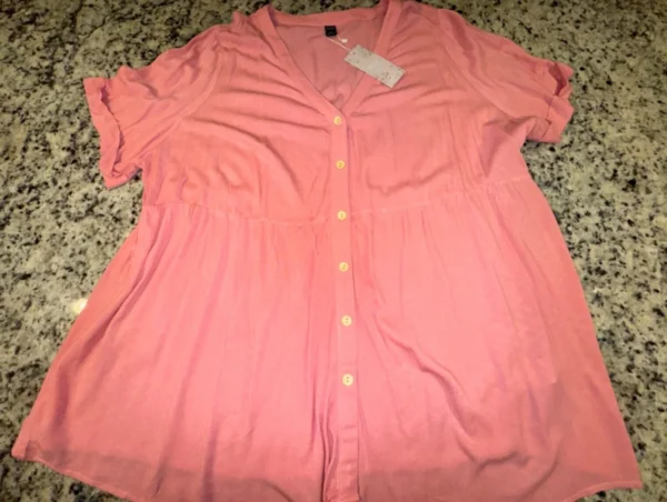 Women's Pink Button-Down Short Sleeve Shirt , Size XL