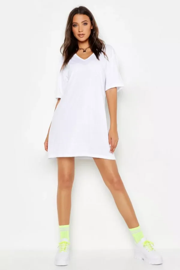 White Cotton Oversized V-Neck T-Shirt Dress Size S